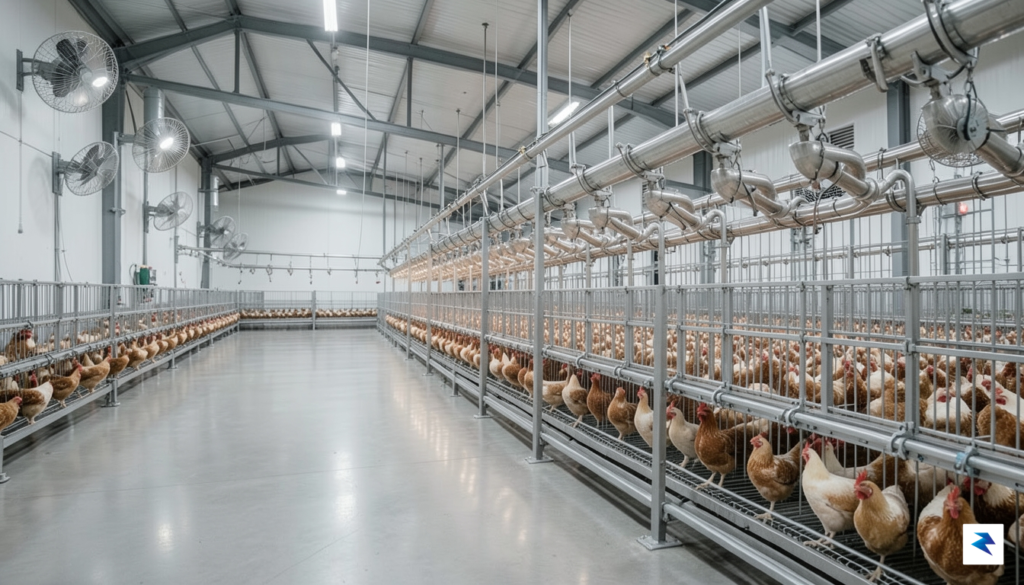 A wide-angle, cinematic shot of a modern, clean indoor poultry&hellip;