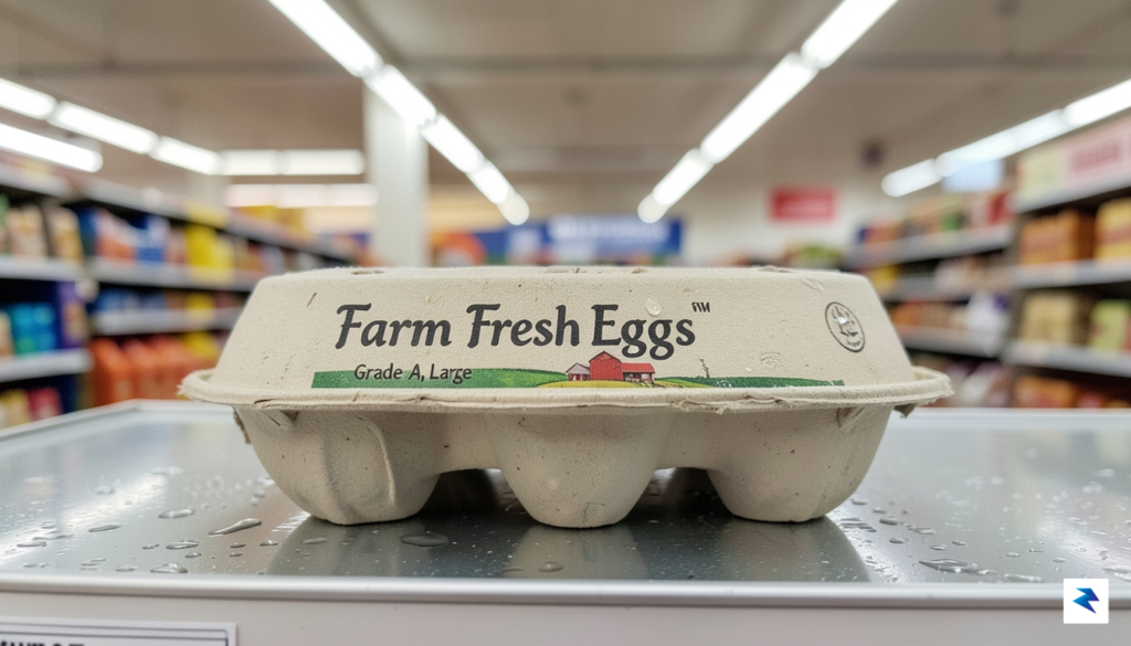 A close-up, high-definition photograph of a supermarket egg carton sitting&hellip;