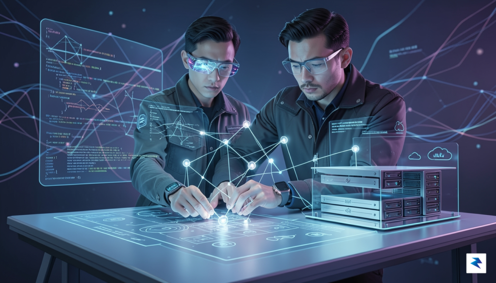 A conceptual illustration of a software engineer standing at a&hellip;
