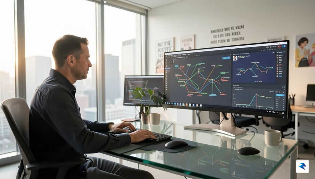 A modern digital workspace featuring a software architect reviewing complex&hellip;