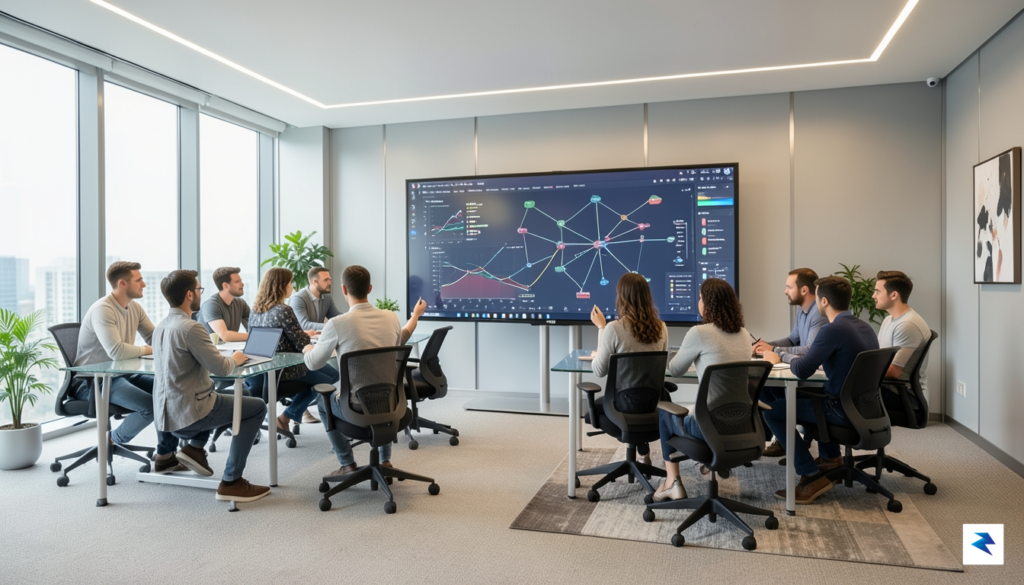 A high-tech, modern office interior with a diverse team of&hellip;