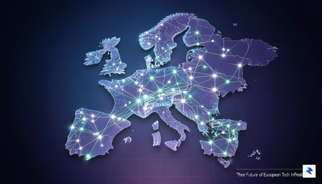 A conceptual illustration showing a digital map of Europe glowing&hellip;