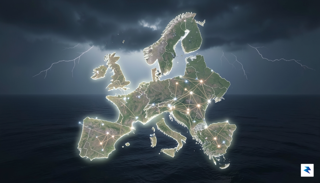 A conceptual digital illustration showing a glowing European map connected&hellip;