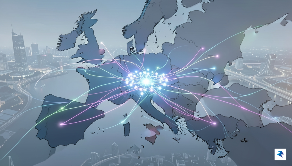 A conceptual digital illustration showing a futuristic, interconnected European data&hellip;