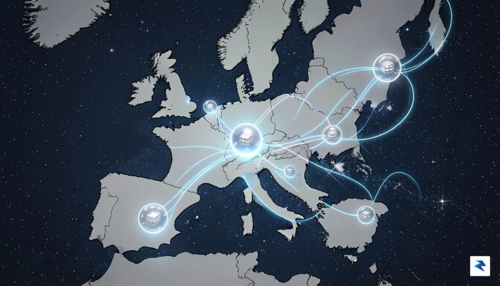 A conceptual digital illustration showing interconnected nodes of data centers&hellip;