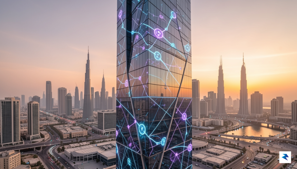 A modern, futuristic office building in Dubai with a digital&hellip;