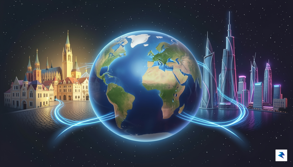 A conceptual digital illustration showing a globe with glowing pathways&hellip;