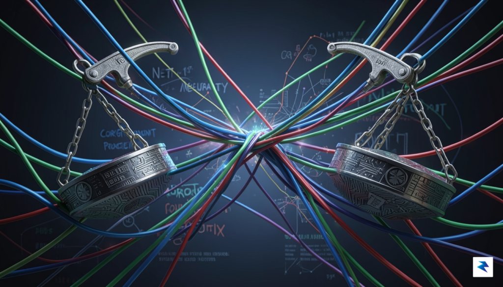 A conceptual digital illustration showing a complex network of fiber&hellip;