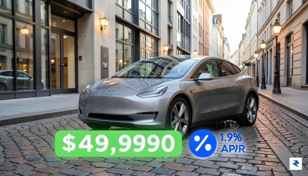 A sleek silver Tesla Model Y parked on a cobblestone&hellip;