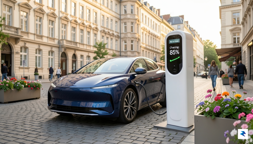 A sleek, modern electric vehicle charging at a clean, minimalist&hellip;