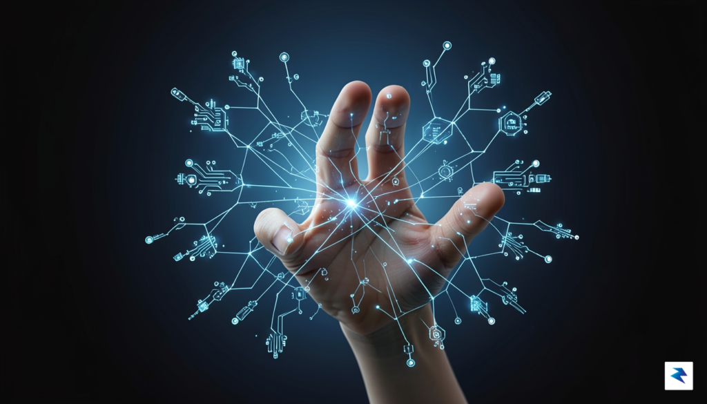 A conceptual illustration showing a human hand guiding a complex…