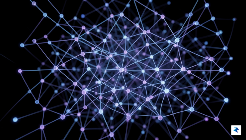 A conceptual digital art piece showing a glowing, intricate network…