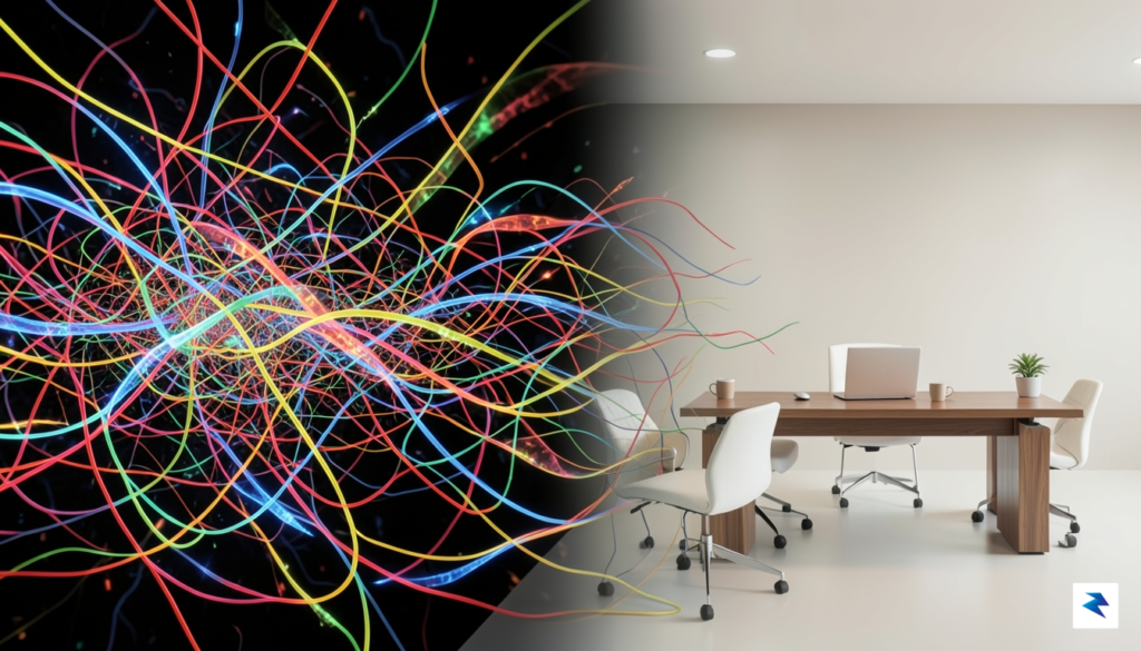 A conceptual digital illustration showing a chaotic, colorful tangle of…
