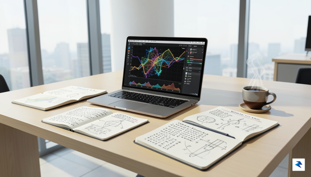 A clean, modern office desk with a laptop displaying a…