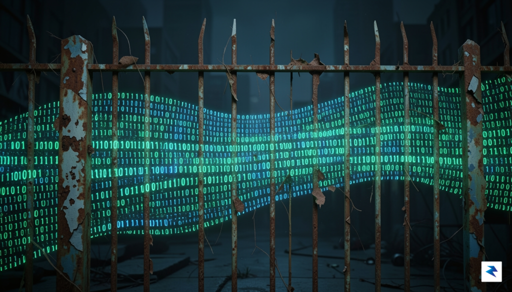 A conceptual illustration showing a digital stream of binary code&hellip;