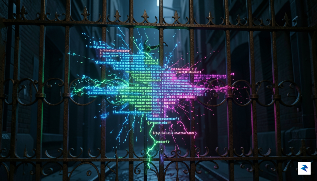 A conceptual digital art piece showing a glowing, complex software&hellip;