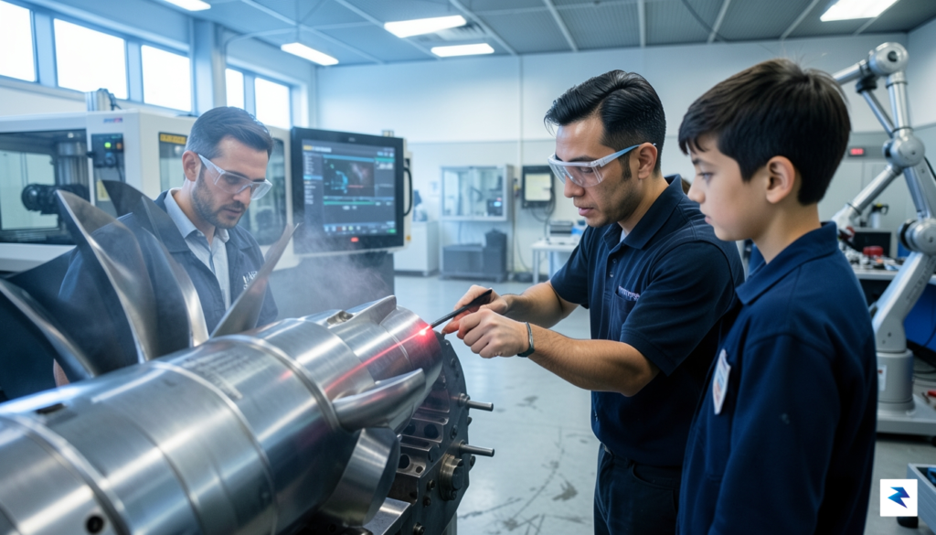 An experienced engineer with safety glasses inspecting a complex engine&hellip;