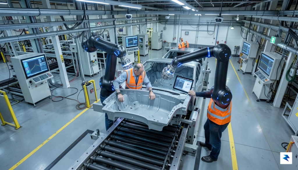 An overhead shot of a high-tech Ford assembly line featuring&hellip;