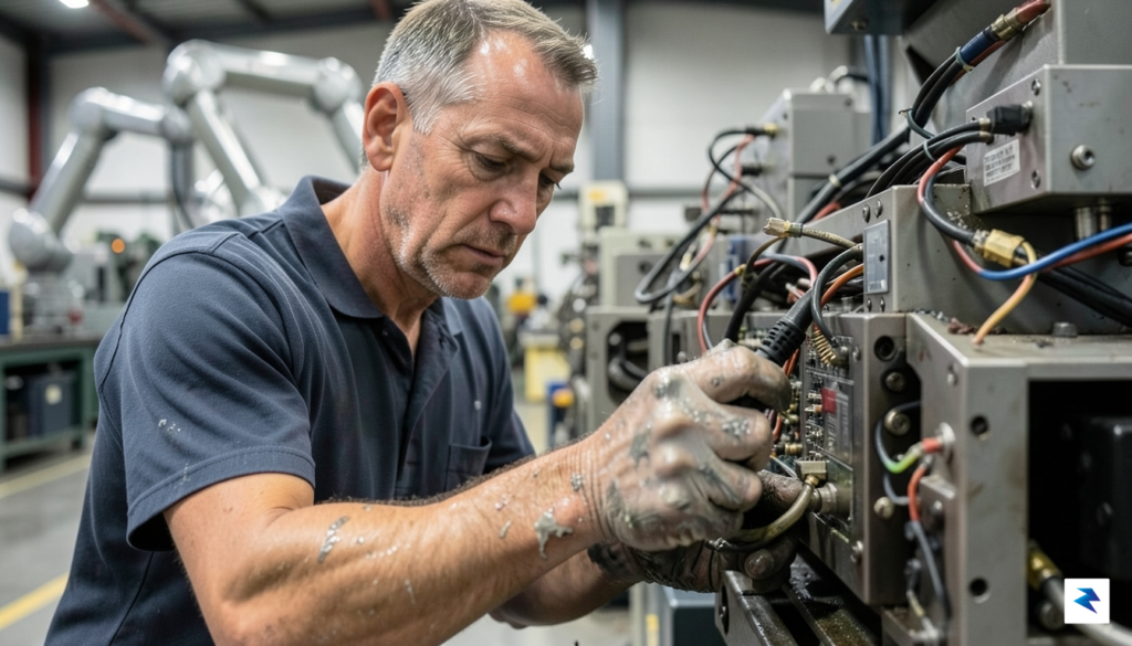 A close-up shot of a skilled engineer with grease on&hellip;