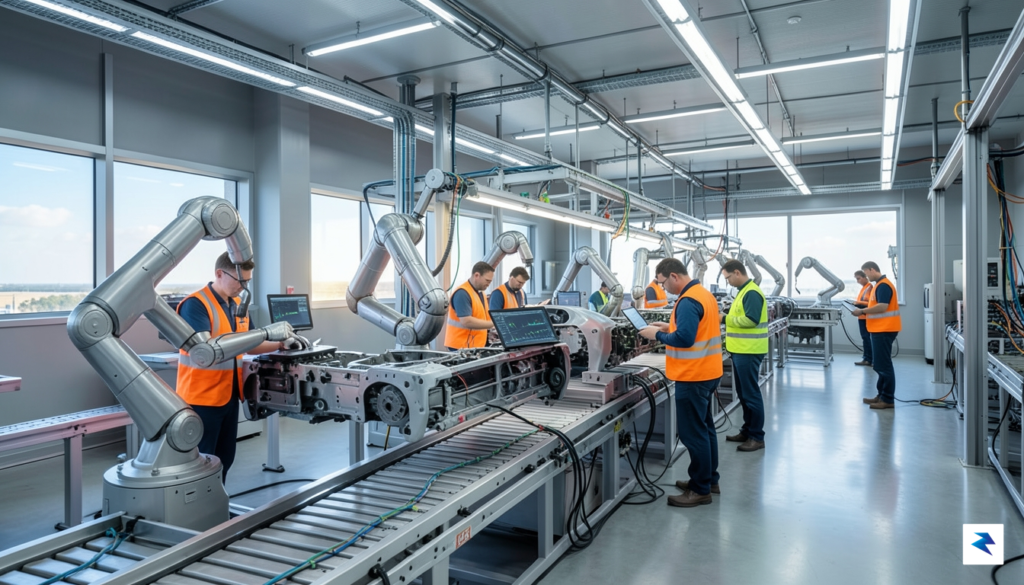 A wide-angle shot of a modern, high-tech automotive assembly line&hellip;