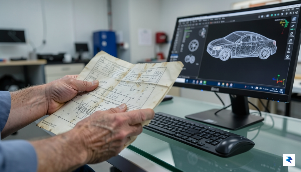 A close-up, high-detail photograph of a seasoned automotive engineer&rsquo;s hands&hellip;