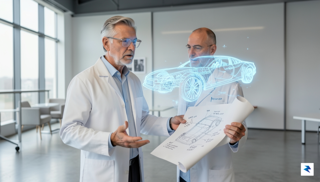 A seasoned automotive engineer with gray hair standing in a&hellip;