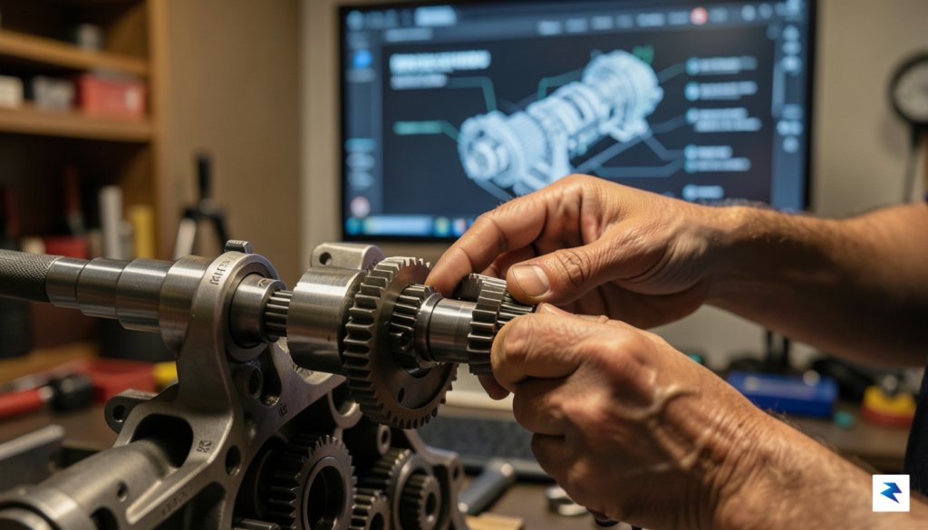 A close-up, cinematic shot of an experienced automotive engineer&rsquo;s hands&hellip;