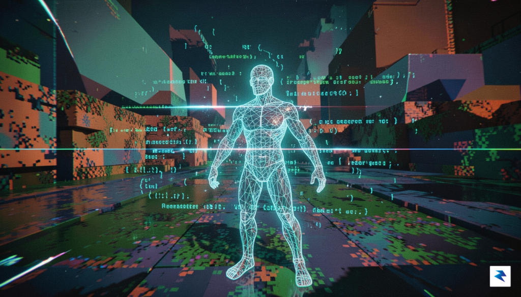 A conceptual digital art piece showing a wireframe AI agent&hellip;