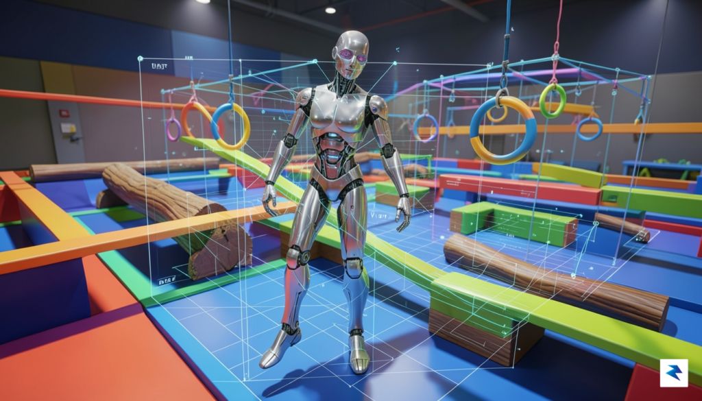 A digital rendering of a humanoid robot navigating a complex,&hellip;