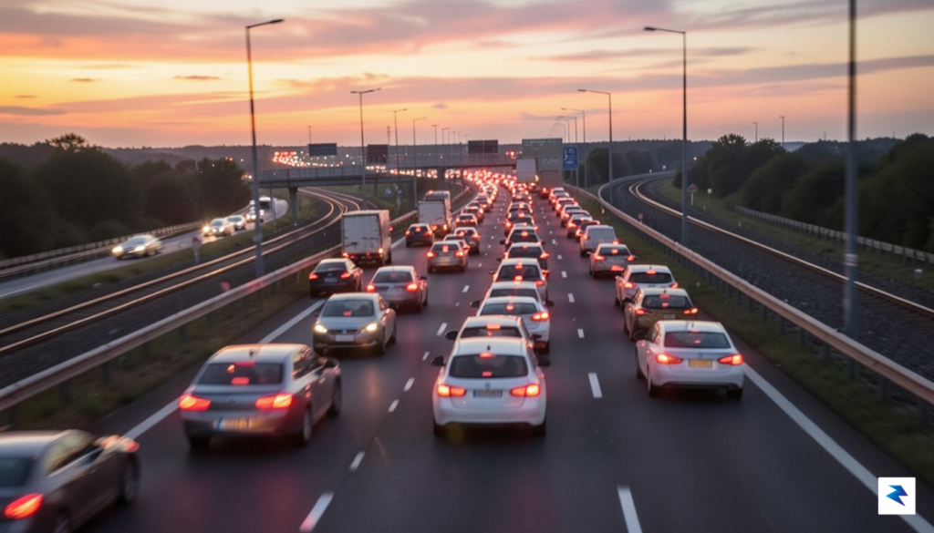 A wide-angle shot of a congested German highway at sunset,&hellip;