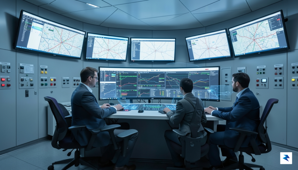 A modern railway control room featuring multiple screens displaying complex&hellip;