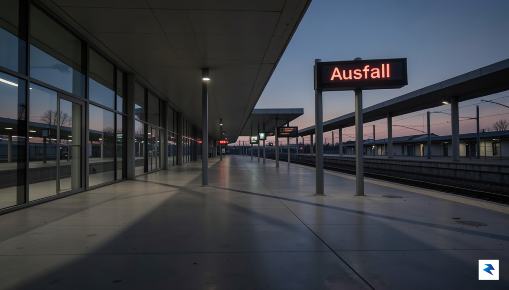 A wide-angle shot of a deserted, modern German train station&hellip;