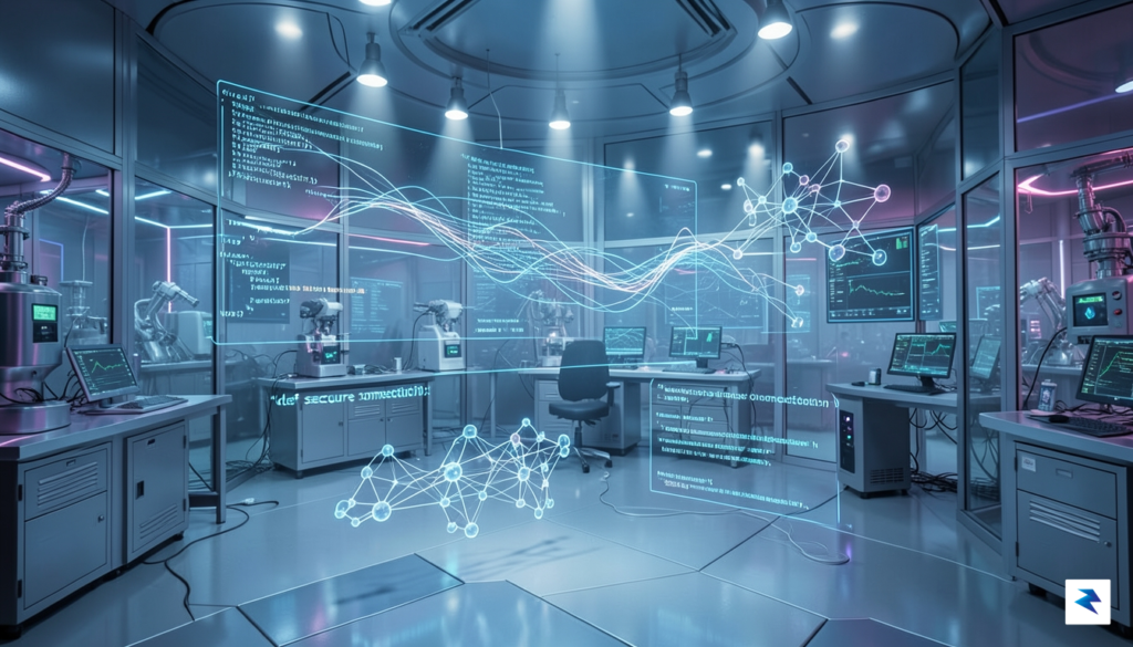A high-tech laboratory environment featuring holographic displays of network traffic,&hellip;