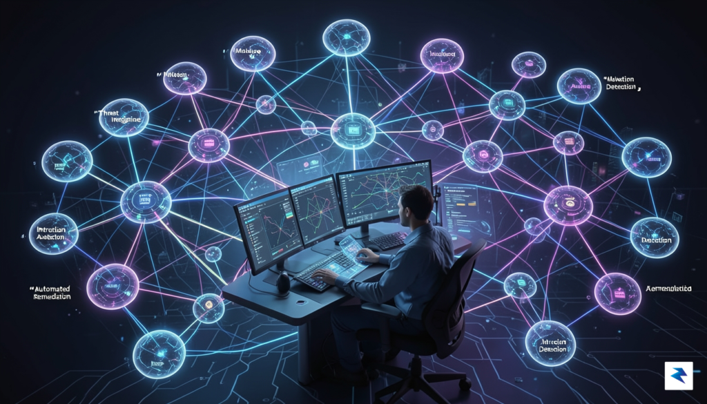 A digital illustration of a complex cybersecurity network, with various&hellip;