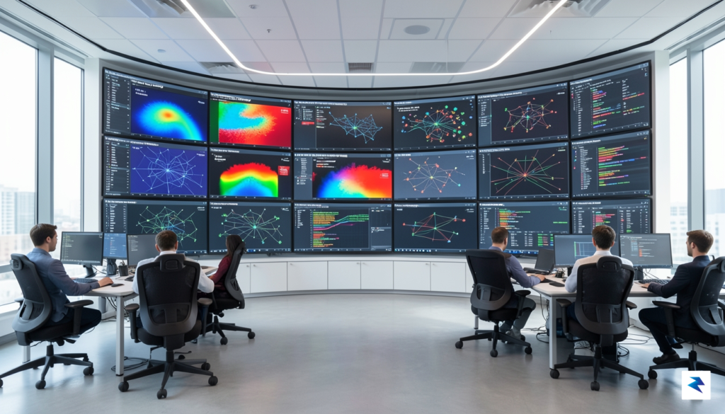 A modern cybersecurity operations center dashboard featuring AI-driven vulnerability heatmaps&hellip;