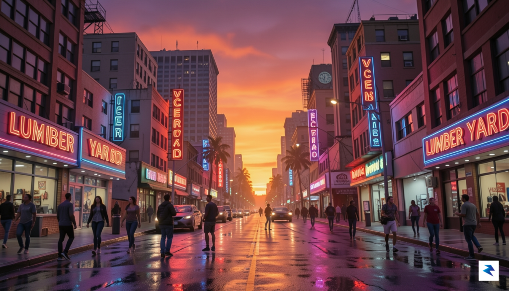 A wide-angle cinematic shot of a sunset over a neon-drenched&hellip;