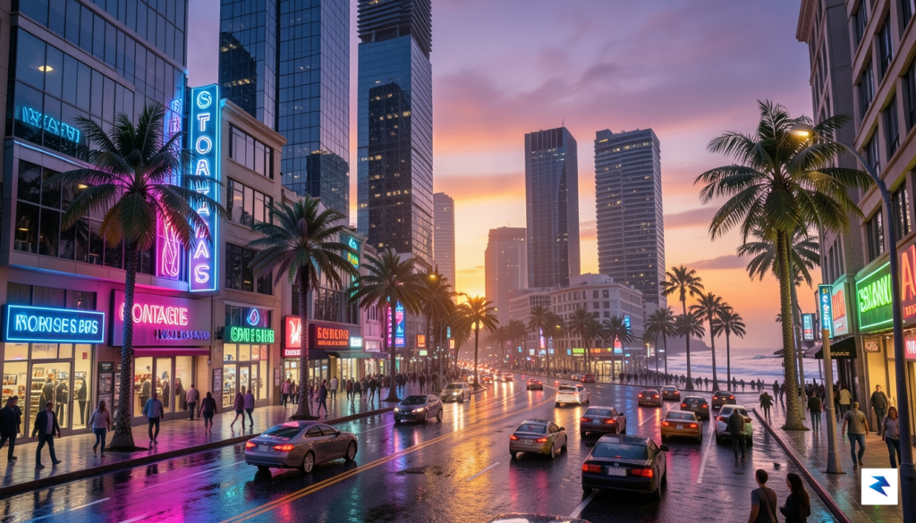 A cinematic, atmospheric wide shot of a bustling, neon-lit fictional&hellip;
