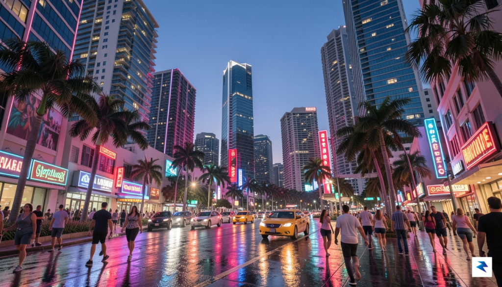 A wide-angle cinematic shot of a neon-lit Miami-inspired city skyline&hellip;