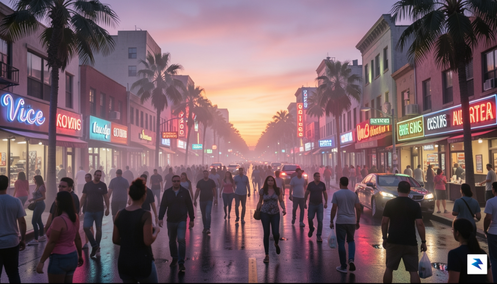 A cinematic, ultra-realistic wide shot of a neon-lit Vice City&hellip;