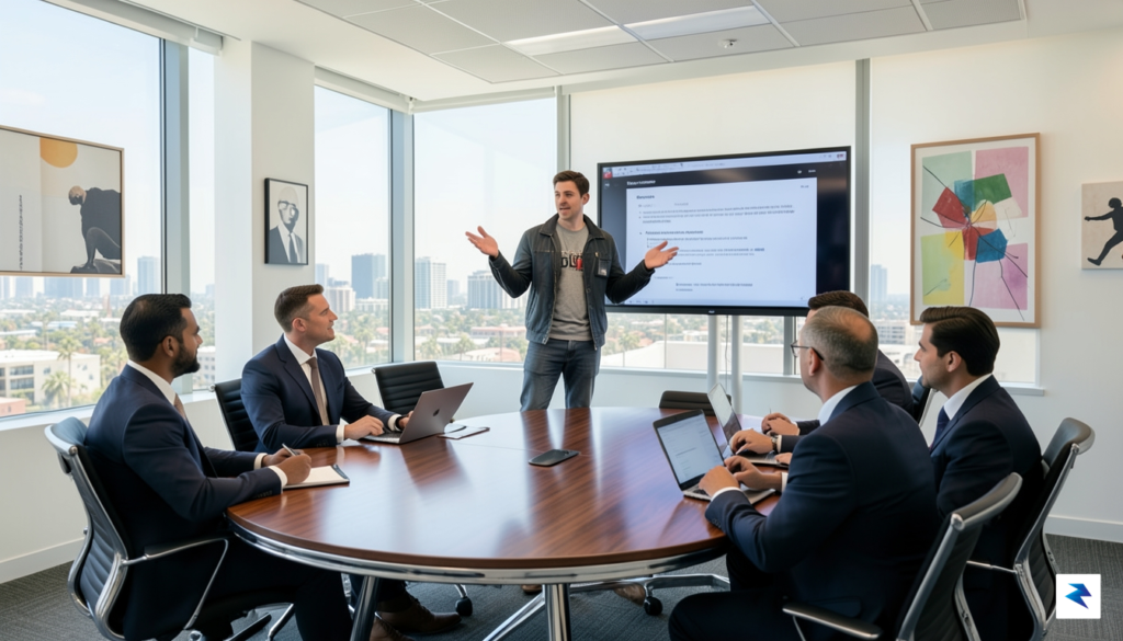 A modern, sleek office meeting room in Los Angeles where&hellip;