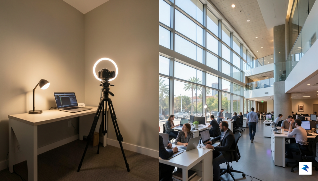 A conceptual split-screen image showing a minimalist home studio with&hellip;
