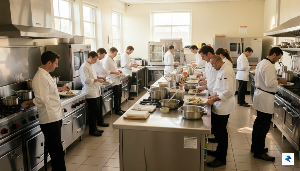 A brightly lit, spacious professional test kitchen with multiple stainless&hellip;