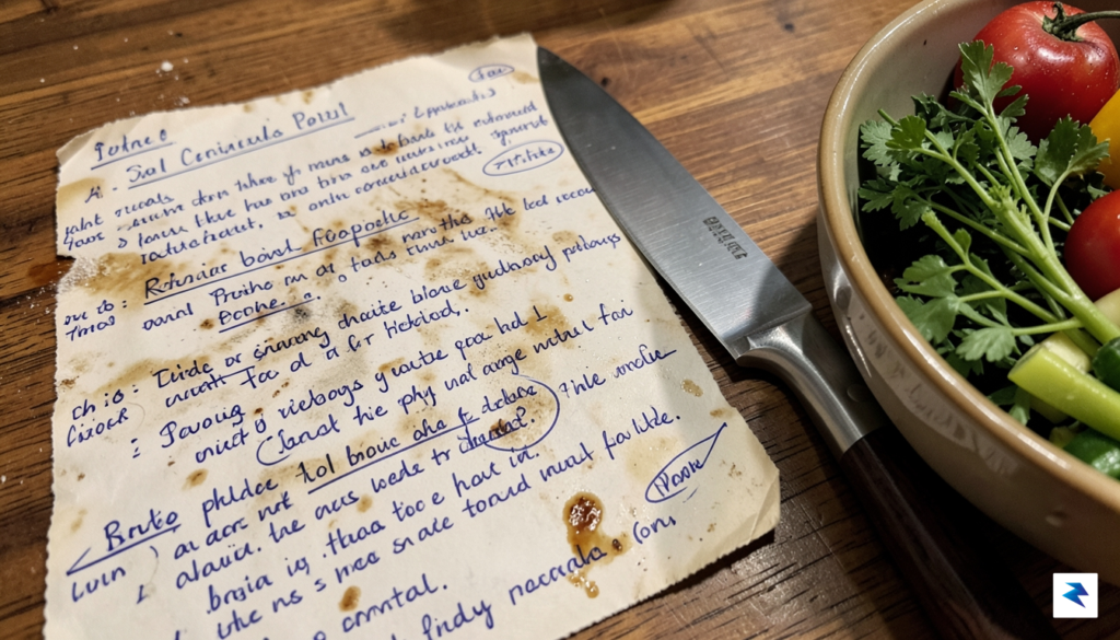 A close-up, high-resolution photo of a well-worn, annotated recipe card&hellip;