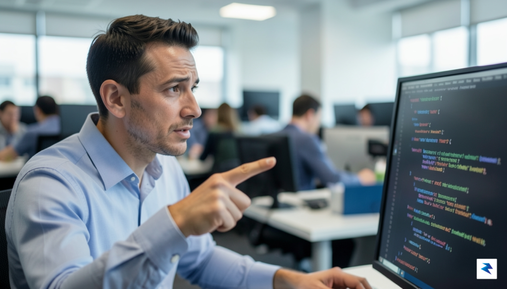 A close-up, high-definition photo of a professional software developer pointing&hellip;