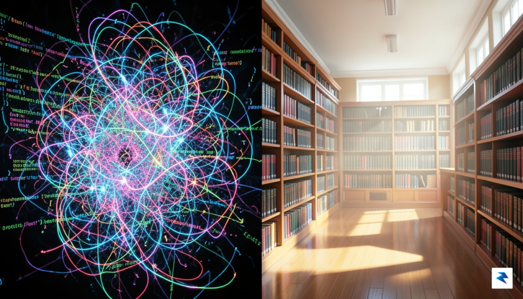 A split-screen illustration showing a chaotic, glowing jumble of abstract&hellip;