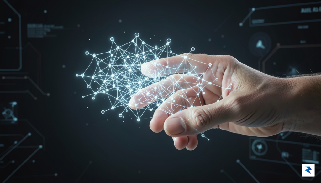A conceptual digital illustration showing a human hand guiding a&hellip;