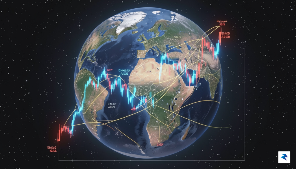 A digital visualization of a fluctuating stock market graph overlaid&hellip;