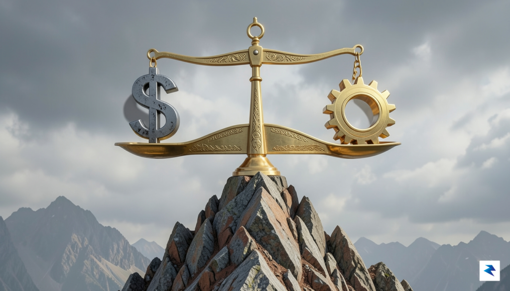 A conceptual image showing a golden scale balanced precariously on&hellip;