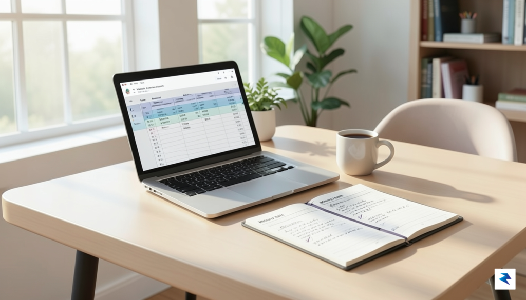 A clean, modern home office desk featuring a laptop displaying…