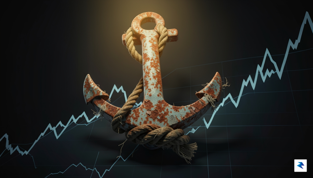 A conceptual digital illustration showing a heavy, rusted anchor resting…